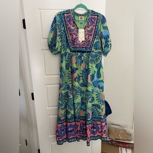 FARM RIO X ANTHROPOLOGIE SHORT-SLEEVE TIERED MIDI DRESS Size XL